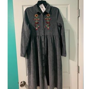 Corduroy Midi Babydoll Dress w/ Embroidery